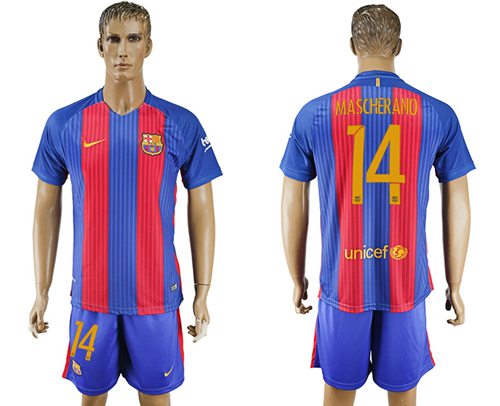 Barcelona #14 Mascherano Home With Blue Shorts Soccer Club Jersey - Click Image to Close